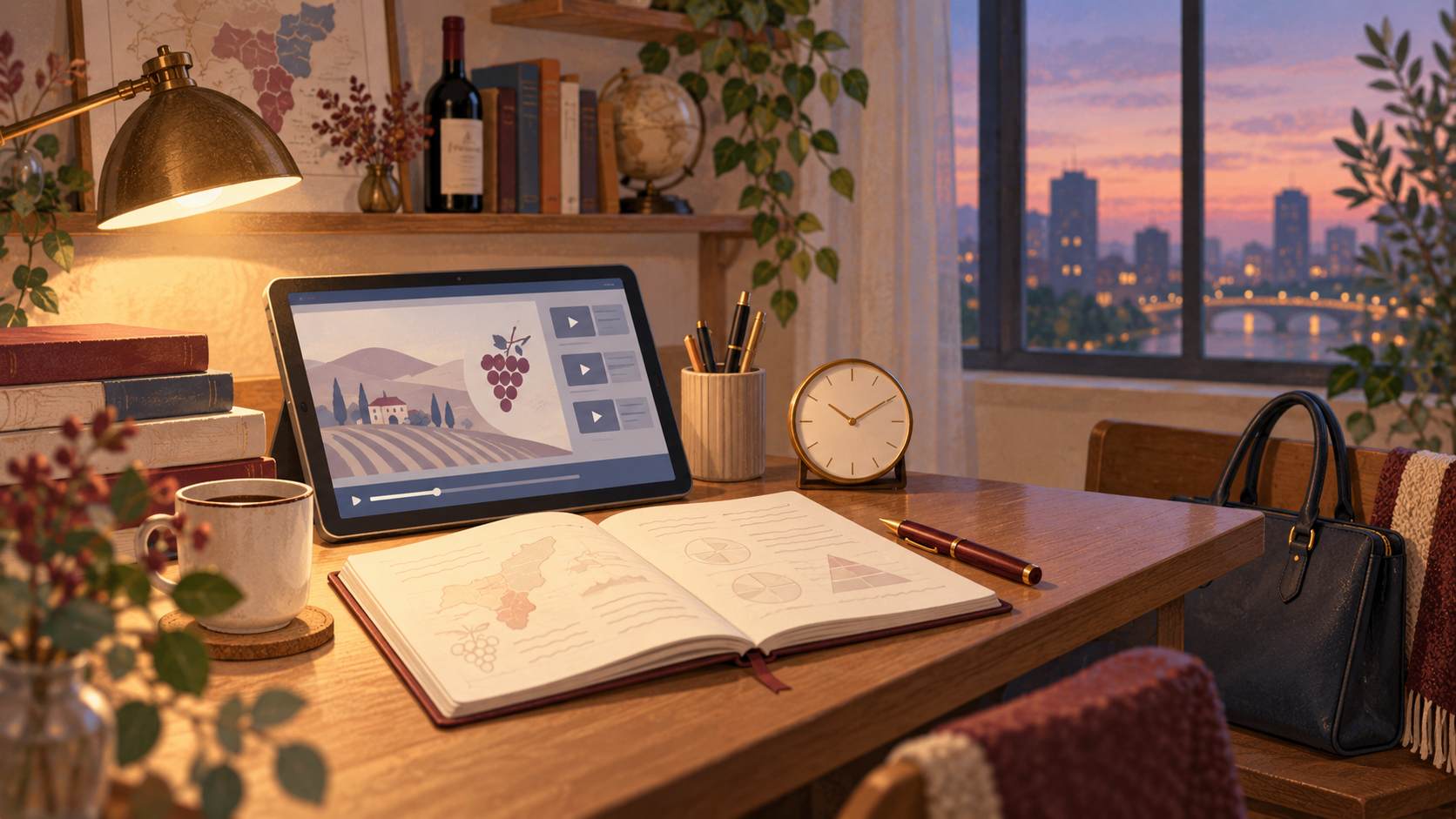 夕方の机に置かれた動画学習用タブレットと時計、ノートのイラスト